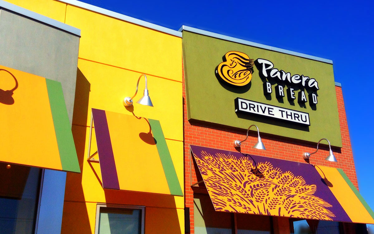 The Front Of A Panera Bread Restaurant, With Drive Thru