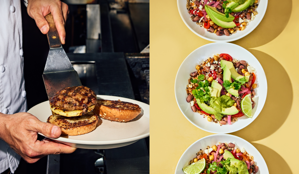 Left Image Is Of A Chef Preparing Burgers, Right Image Is True Food Kitchen's New Sonoran Bowl