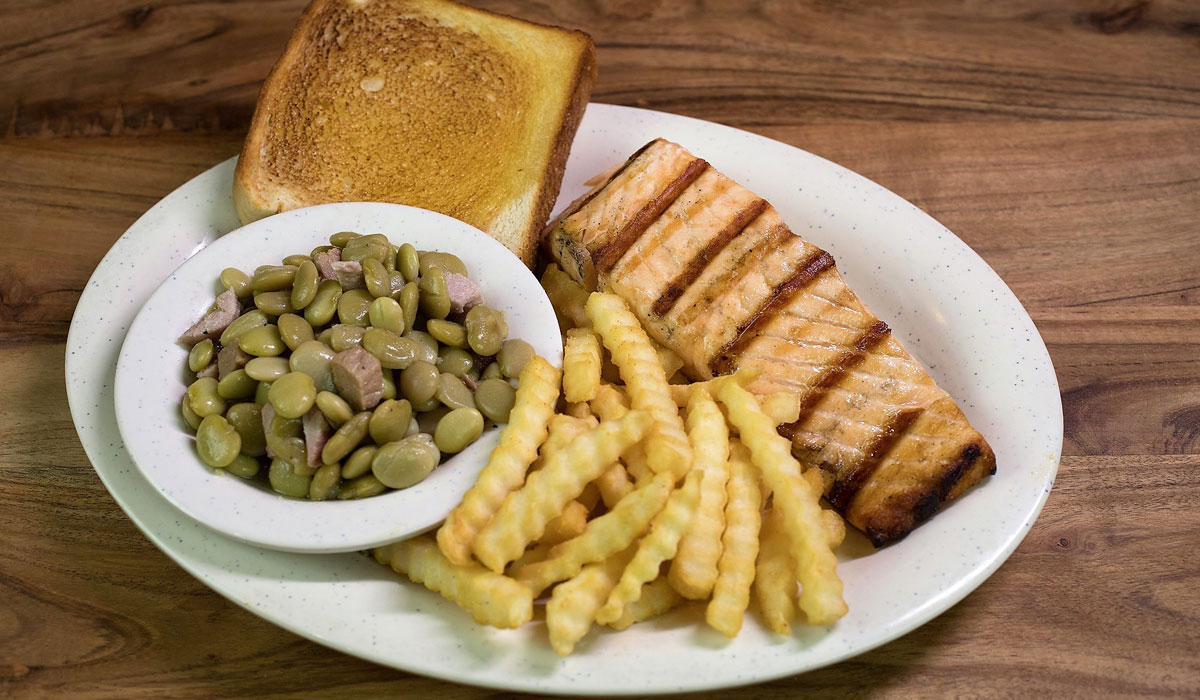 Salmon And Sides At Woody's Bar B Q Restaurant