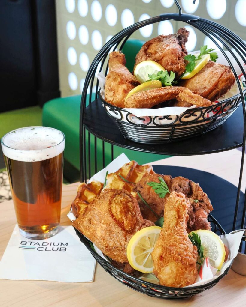 Stadium Club fried chicken and waffles.