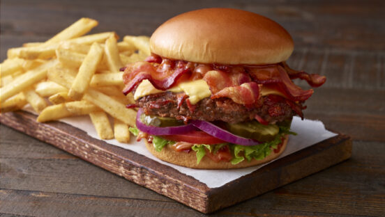 Applebee's Whole Lotta Bacon Burger with fries.