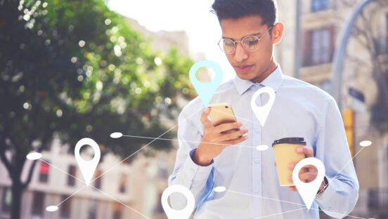Man searching via app food restaurants near his location. Maps application for smartphone. Infographics tags with virtual map.
