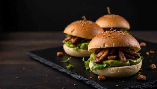 Three gourmet mushroom sliders with fresh lettuce and sesame buns.