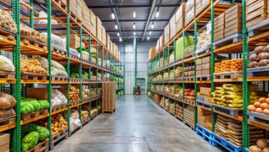 Aisle of industrial-sized shelves stocked with crates of fresh produce, baskets of bread, and sacks of grains in a large commercial food storage warehouse.
