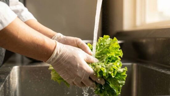 Lettuce being washed in a sink with gloves on.