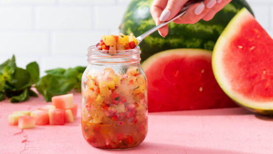 Watermelon rind basil lime relish.